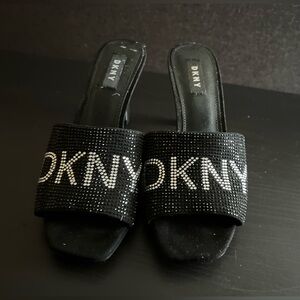 DKNY Black Crystal Logo Slide Mules heels